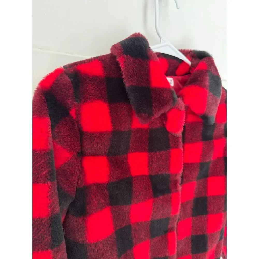 Epic Threads Girls M 7/8 Faux Fur Jacket Red Black Buffalo Plaid Plush Cozy Soft